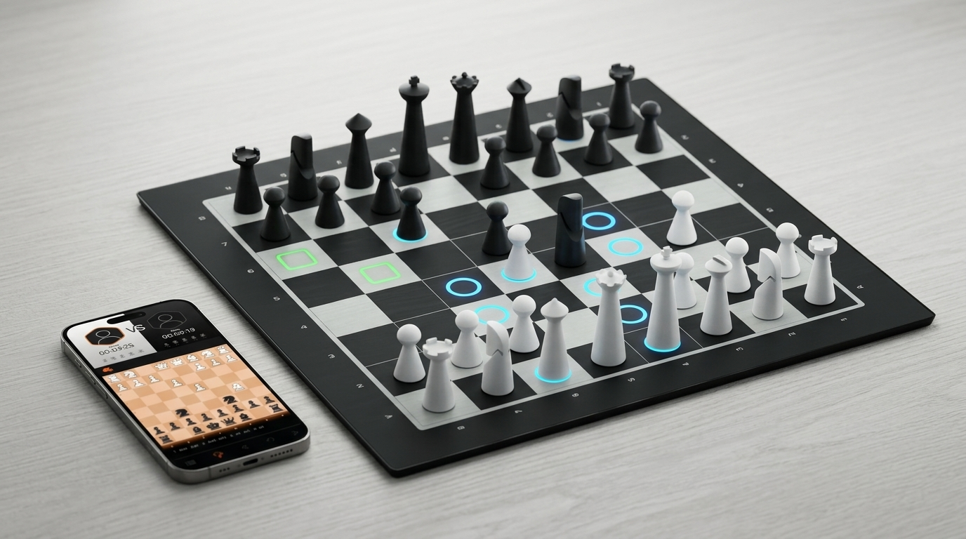 GoChess Lite Modern smart chess board with glowing LED squares and pieces set up mid-game