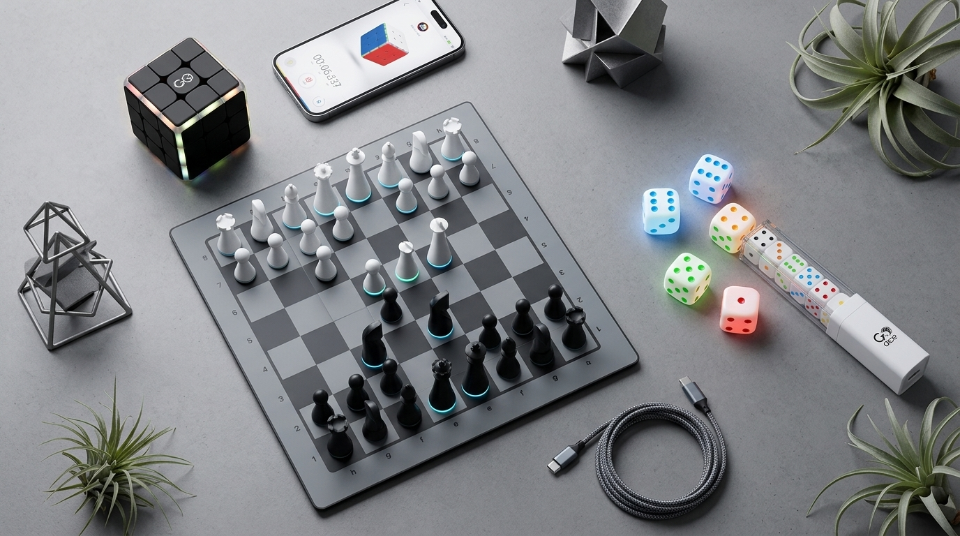 GoCube smart cube, GoDice smart dice and a GoChess smart board styled as trendy gifts for teens