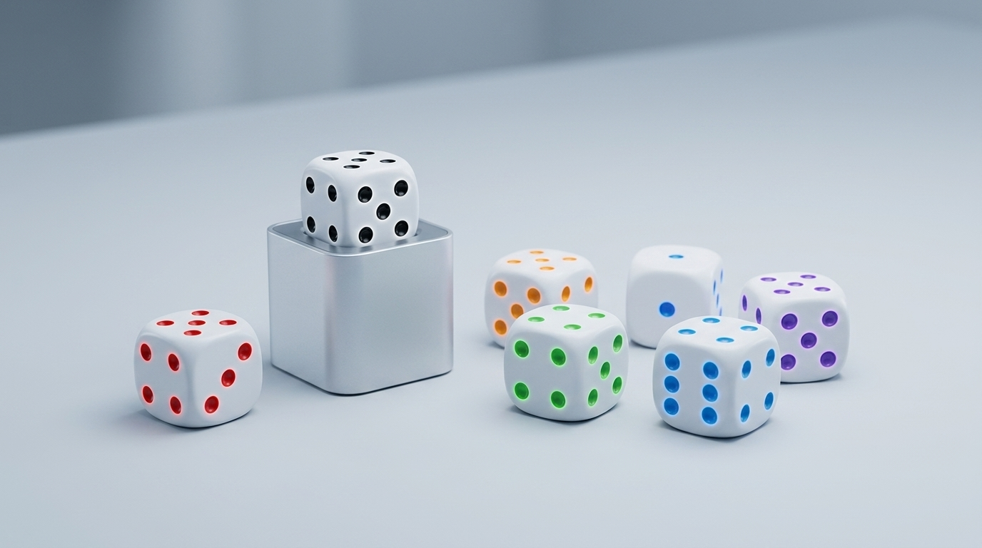White GoDice smart dice with coloured pips, one die resting on its charging base on a light surface